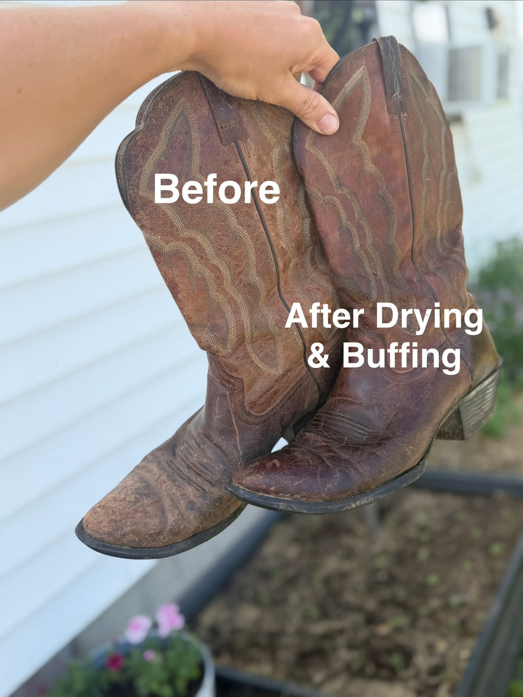 Pair of brown cowboy boots labeled 'Before' and 'After Drying & Buffing' held by a hand.
